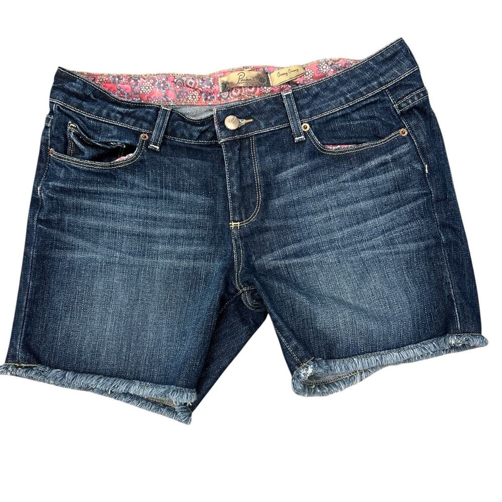 Paige Jimmy Jimmy Dark Wash Floral Lining Frayed Hem Jean Shorts 31 (Actual)